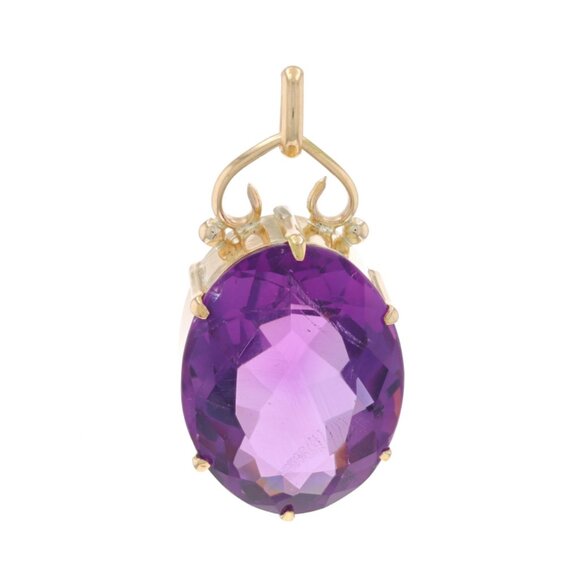 Yellow Gold Amethyst Vintage Solitaire Pendant - 14k Oval 22.60ct - Picture 1 of 4